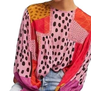 Anthropologie Bl-nk Miranda Peasant Blouse Medium Red Pink Balloon Sleeve
